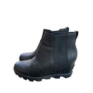 SOREL Joan of Arctic II Womens 8.5 Black Wedge‎ Ankle Boots Side Zipper Lug Sole
